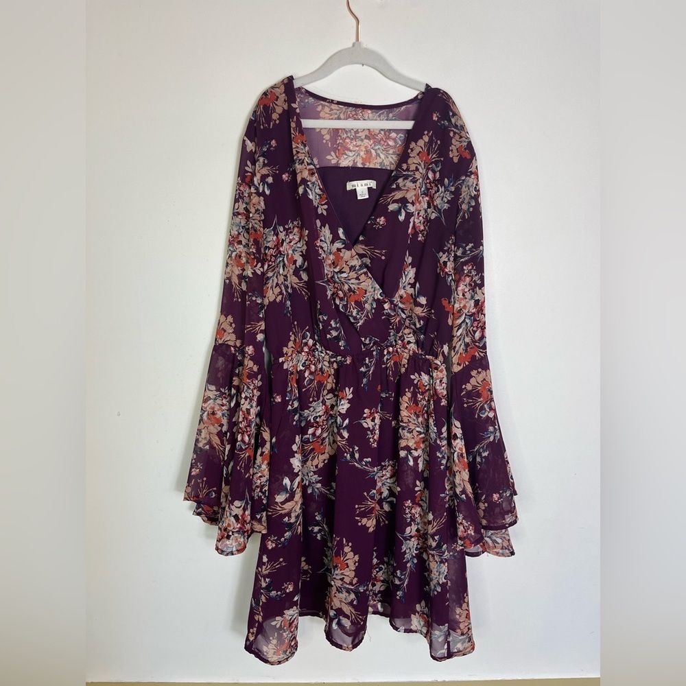 Miami Floral Mini Dress S Purple Bell Sleeve Pockets Boho Fall Wedding Fairycore - Picture 10 of 13